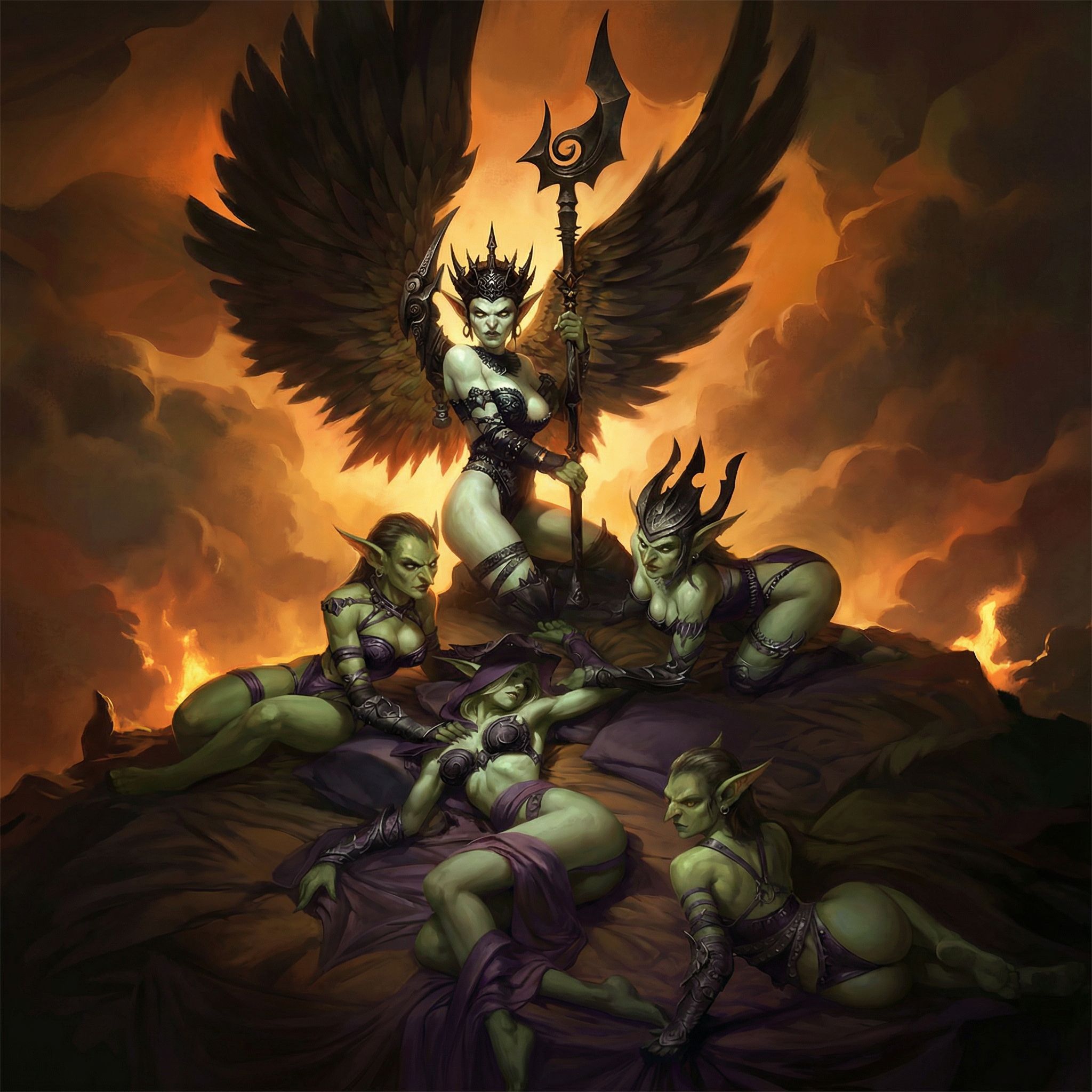 Dark fantasy goblin girl harem scene, center dominant goblin queen with pale green skin standing with massive dark feathered wings spread wide, wearing ornate black armor bikini and spiked crown, holding large ornate staff with curved blade, surrounded by five goblin girls with green skin in various reclining poses, wearing minimal dark purple and black armor pieces, all with pointed ears and fantasy features, dramatic orange and amber backlighting creating silhouette effect, glowing fire ambiance, dark atmospheric clouds, gothic fantasy aesthetic, oil painting style, dramatic chiaroscuro lighting, high contrast, fantasy illustration, detailed rendering, 8k, masterpiece