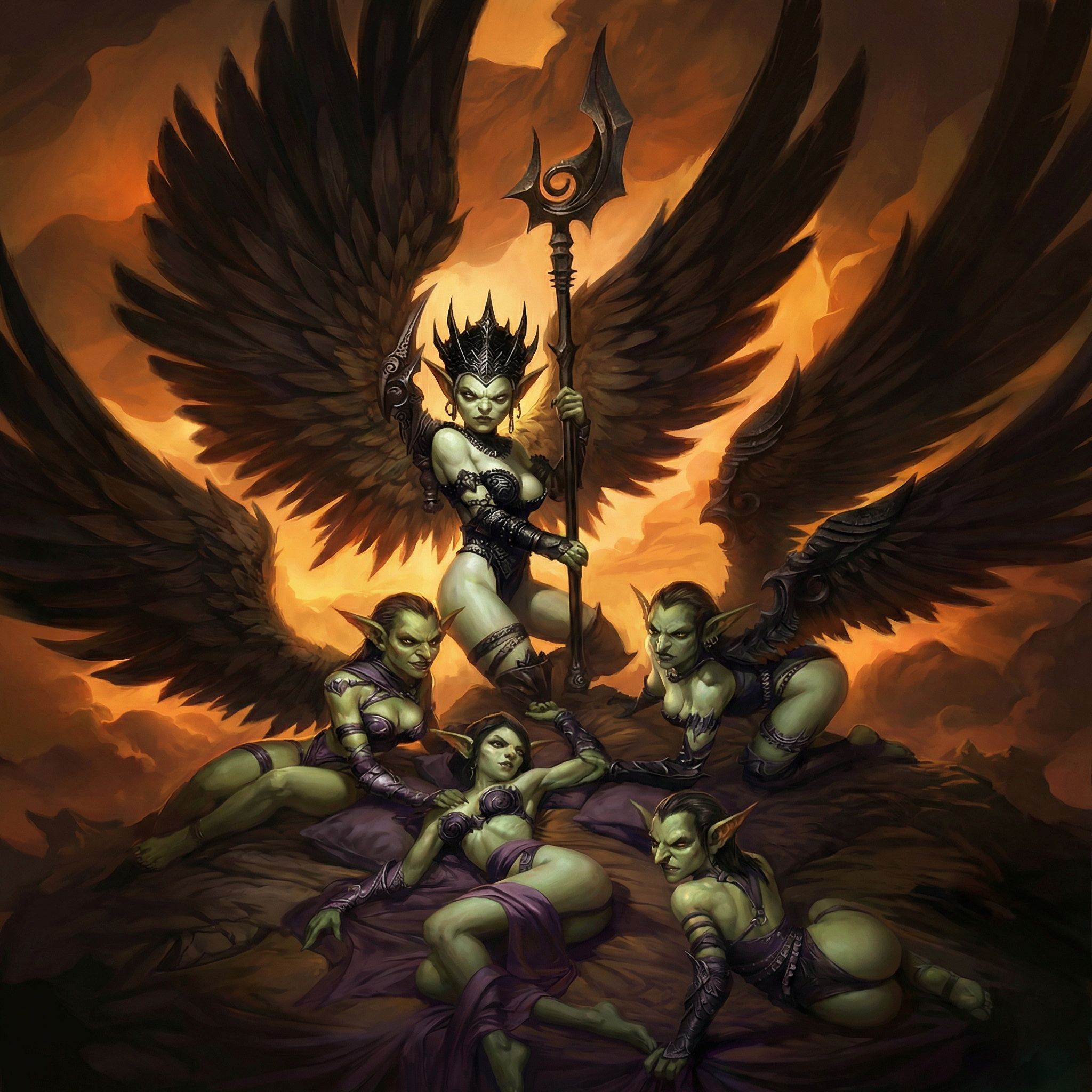 Dark fantasy goblin girl harem scene, center dominant small goblin queen with pale green skin standing with massive dark feathered wings spread wide, wearing ornate black armor bikini and spiked crown, holding large ornate staff with curved blade, surrounded by five small goblin girls with green skin in various reclining poses, petite stature, wearing minimal dark purple and black armor pieces, all with pointed ears and fantasy features, dramatic orange and amber backlighting creating silhouette effect, glowing fire ambiance, dark atmospheric clouds, gothic fantasy aesthetic, oil painting style, dramatic chiaroscuro lighting, high contrast, fantasy illustration, detailed rendering, 8k, masterpiece