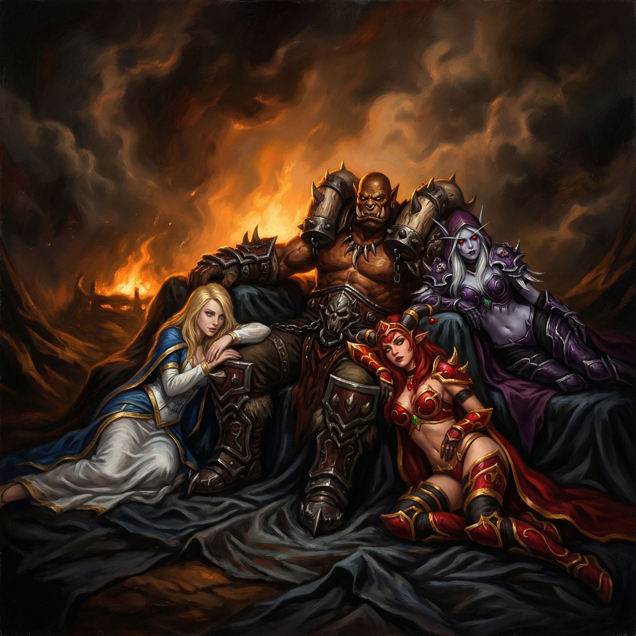 Dark fantasy harem scene, center Garrosh Hellscream lying down wearing dark ornate armor with tusks and brown skin, muscular orc warlord, surrounded by Jaina Proudmoore with long blonde hair wearing blue and white outfit, Sylvanas Windrunner with long white hair and red eyes wearing dark purple and black armor, Alexstrasza with long red hair wearing red and gold draconic outfit, all female characters in various reclining poses around Garrosh, dramatic orange and amber backlighting creating silhouette effect, glowing fire ambiance, dark atmospheric clouds, World of Warcraft characters, gothic fantasy aesthetic, oil painting style, dramatic chiaroscuro lighting, high contrast, fantasy illustration, detailed rendering, 8k, masterpiece