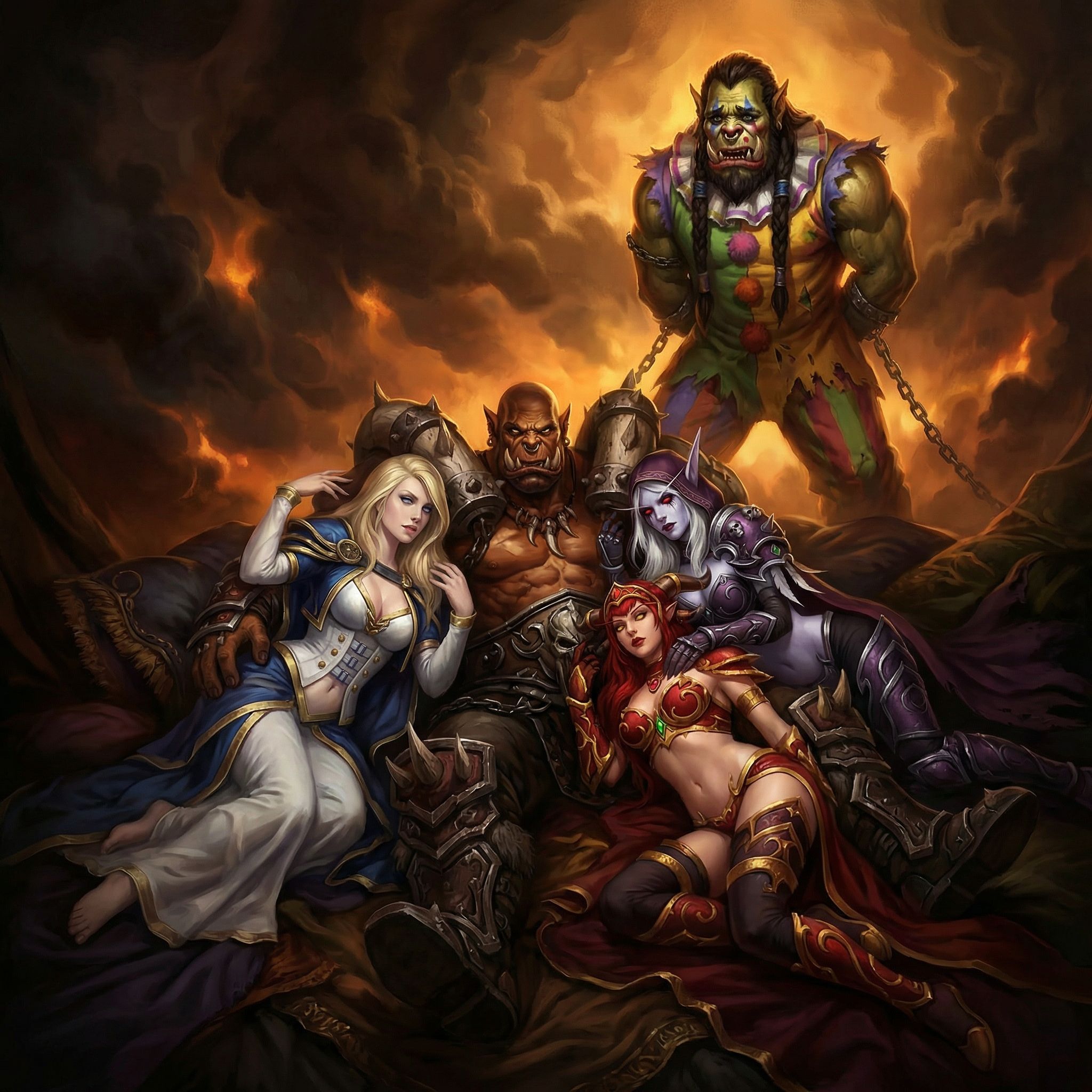 Dark fantasy harem scene, center Garrosh Hellscream lying down wearing dark ornate armor with tusks and brown skin, muscular orc warlord, surrounded by Jaina Proudmoore with long blonde hair wearing blue and white outfit, Sylvanas Windrunner with long white hair and red eyes wearing dark purple and black armor, Alexstrasza with long red hair wearing red and gold draconic outfit, all female characters in various reclining poses around Garrosh, background shows Thrall the orc shaman chained up and crying wearing colorful clown costume with makeup, dramatic orange and amber backlighting creating silhouette effect, glowing fire ambiance, dark atmospheric clouds, World of Warcraft characters, gothic fantasy aesthetic, oil painting style, dramatic chiaroscuro lighting, high contrast, fantasy illustration, detailed rendering, 8k, masterpiece