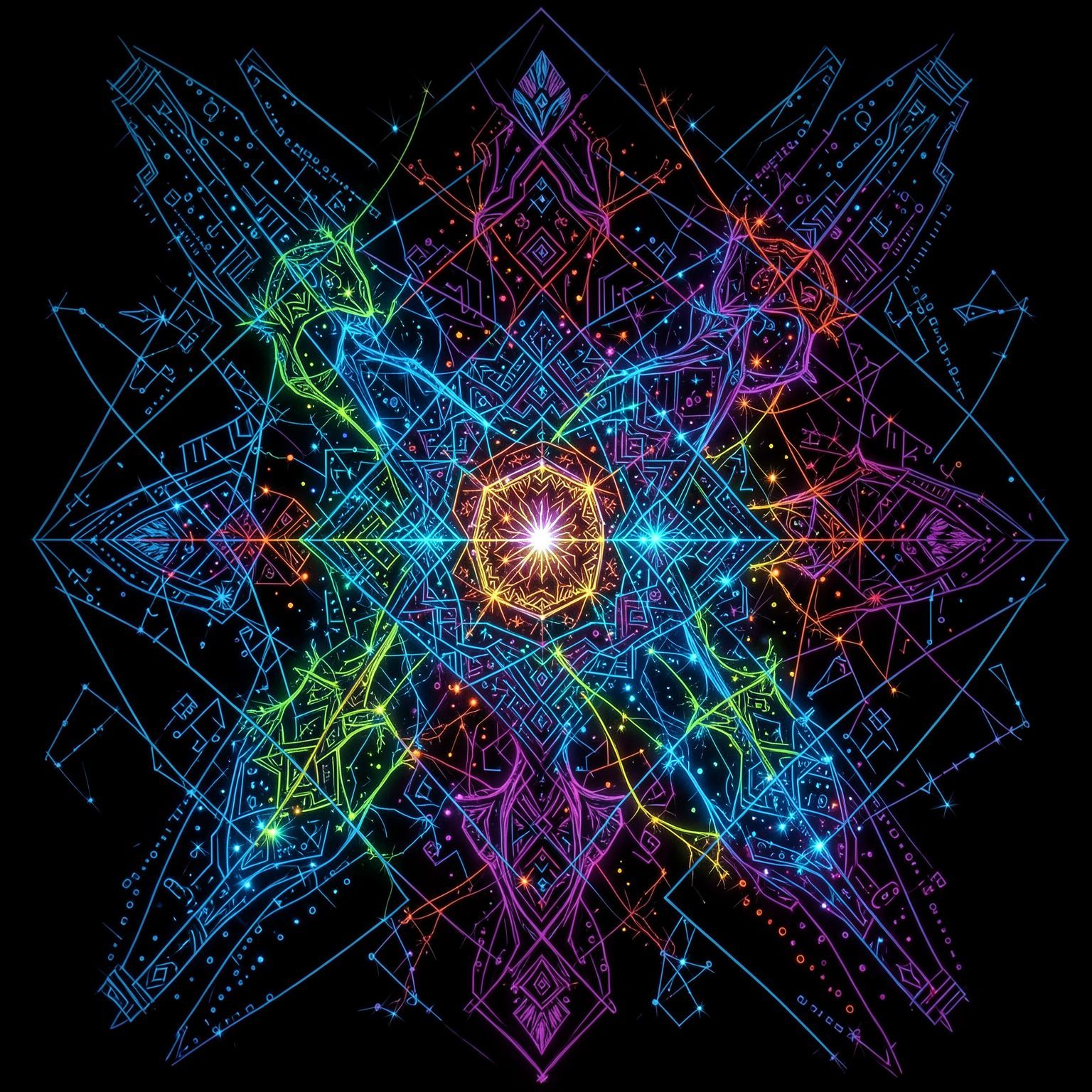 **High-concept Psytrance / Progressive Psytrance cover art.**

**Foundation:** Pure black background — the deep black of a UV-lit room. The image should feel like a living projection, not a flat illustration.

**Color:** Full-spectrum, organized by visual function. Cool tones (blue, cyan, purple) form structural geometry and scaffolding. Hot tones (red, orange, yellow, magenta) concentrate at focal points, energy centers, and eyes. Green bridges organic and geometric elements. Small points of white or peak-bright cyan as energy sparks at maximum luminosity. Individual elements shift through multiple hues within a single form — gradient transitions, not flat fills. All color should feel lit from within, emitting light with soft bloom and falloff.

**Visual language:** Indigenous sacred pattern-work (Huichol, Aboriginal, Shipibo) intersecting digital/circuit-board geometry. Varied line weight and intensity, dot matrices, repeating geometric motifs. Forms and creatures emerge organically FROM the pattern-work — growing outward, not placed on top. The aesthetic sits between vector illustration and 3D fractal rendering (Mandelbulb/JWildfire translated into 2.5D). Foreground, midground, background layers even in a flat composition.

**Structure:** Dense detail organized through symmetry or fractal self-similarity — but break the symmetry somewhere. Perfect symmetry reads as dead. Introduce an element that disrupts, a focal point that pulls off-center, a form pushing through from behind. Motifs repeat at different scales.

**Energy:** Alive — pulsing, breathing, mid-transformation. A captured moment of something unfolding. Peak-hour psytrance intensity in a single frame.

**Hard avoid:**
- Text or letterforms of any kind
- Muted, washed-out, or monochromatic palettes
- White or grey backgrounds

**Semantic phrase for image inspiration and ideation:** Acid Crunch.