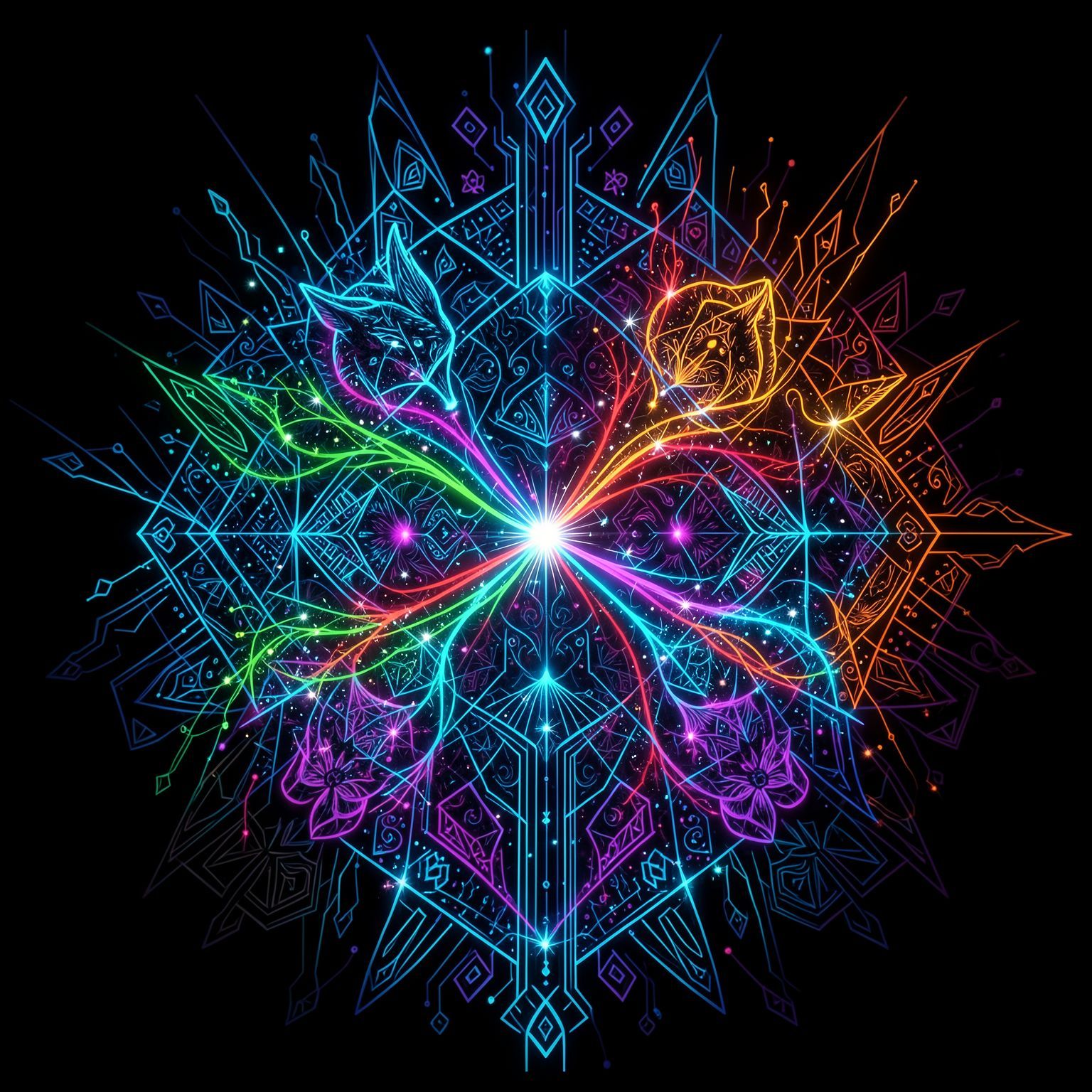 **High-concept Psytrance / Progressive Psytrance cover art.**

**Foundation:** Pure black background — the deep black of a UV-lit room. The image should feel like a living projection, not a flat illustration.

**Color:** Full-spectrum, organized by visual function. Cool tones (blue, cyan, purple) form structural geometry and scaffolding. Hot tones (red, orange, yellow, magenta) concentrate at focal points, energy centers, and eyes. Green bridges organic and geometric elements. Small points of white or peak-bright cyan as energy sparks at maximum luminosity. Individual elements shift through multiple hues within a single form — gradient transitions, not flat fills. All color should feel lit from within, emitting light with soft bloom and falloff.

**Visual language:** Indigenous sacred pattern-work (Huichol, Aboriginal, Shipibo) intersecting digital/circuit-board geometry. Varied line weight and intensity, dot matrices, repeating geometric motifs. Forms and creatures emerge organically FROM the pattern-work — growing outward, not placed on top. The aesthetic sits between vector illustration and 3D fractal rendering (Mandelbulb/JWildfire translated into 2.5D). Foreground, midground, background layers even in a flat composition.

**Structure:** Dense detail organized through symmetry or fractal self-similarity — but break the symmetry somewhere. Perfect symmetry reads as dead. Introduce an element that disrupts, a focal point that pulls off-center, a form pushing through from behind. Motifs repeat at different scales.

**Energy:** Alive — pulsing, breathing, mid-transformation. A captured moment of something unfolding. Peak-hour psytrance intensity in a single frame.

**Hard avoid:**
- Text or letterforms of any kind
- Muted, washed-out, or monochromatic palettes
- White or grey backgrounds

**Semantic phrase for image inspiration and ideation:** Acid Crunch.