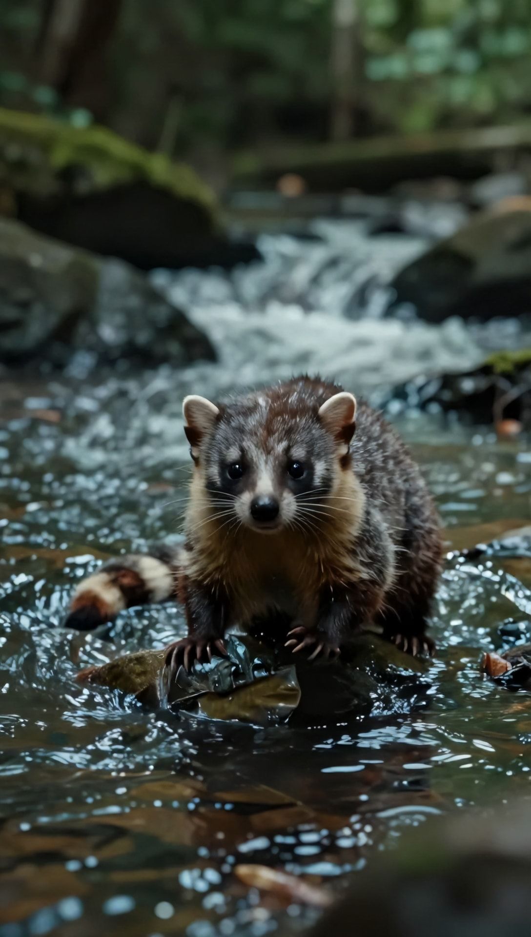 Kancil yang cerdik sedang melacak jejak rumput liar di lereng bukit ketika tiba-tiba ia mendengar langkah jauh merambat di atas sungai yang berkilau. Ia terkejut melihat bayangan buaya besar yang terseret di puing-puing air. cinematic lighting
