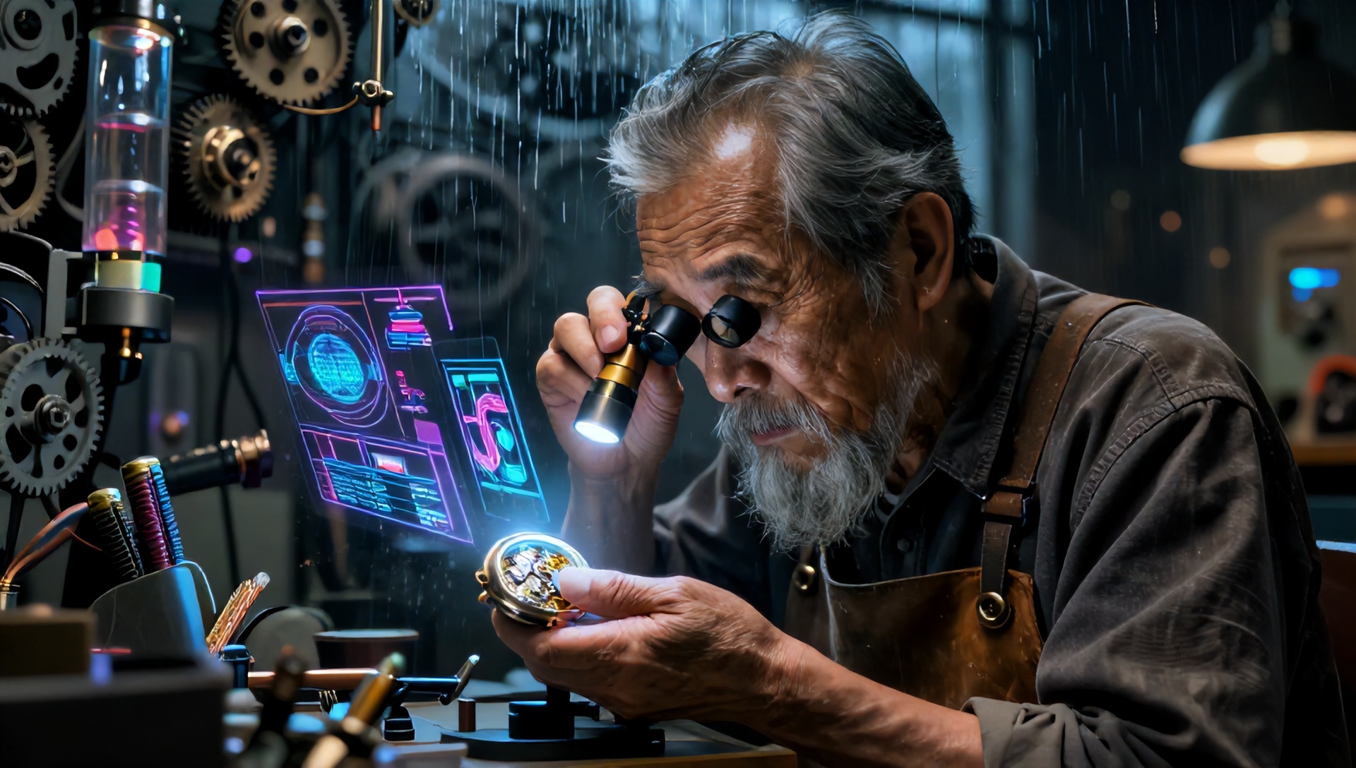 "An ultra-realistic cinematic wide shot of an elderly Japanese watchmaker inside his cluttered, neon-lit cyberpunk workshop at night. The man has a weathered face with deep wrinkles, a long grey beard, and is wearing a worn leather apron. He is intently focused, looking through a jeweler's loupe attached to his eye, examining a complex, glowing mechanical pocket watch held in his trembling hands. Intricate holographic schematics float in the air around him, casting blue and purple light. The background is filled with thousands of tiny gears, tools, vacuum tubes, and blurred rain streaks on the window behind him. Dramatic rim lighting, volumetric fog, 8k resolution, highly detailed, photorealistic masterpiece, Octane Render."