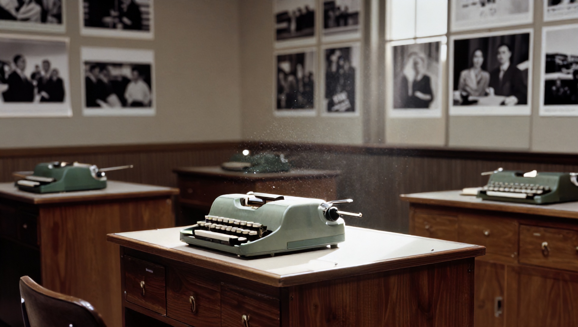 A cinematic documentary-style photograph recreating a 1960s government office room, old wooden desks, vintage typewriter, black and white photographs on the wall, sepia and muted color tones, dramatic window light with dust particles, hyper-realistic, archival photography style, high detail