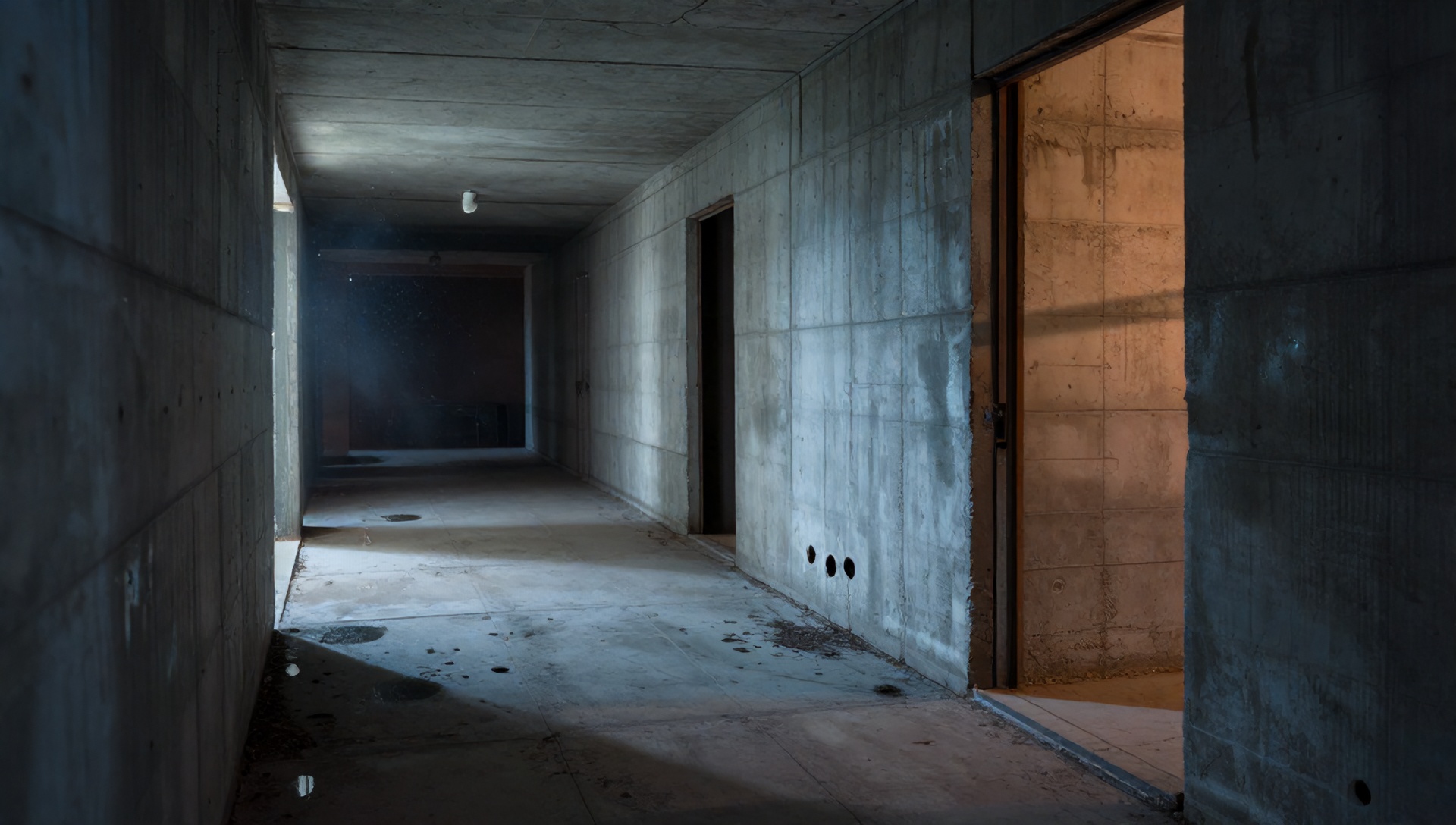 A cinematic documentary-style photograph of an old abandoned research facility corridor, rough bare concrete walls with visible cracks and water stains, exposed concrete texture clearly visible on both sides, dim overhead lights flickering, dust particles floating in the air, soft ambient fill light illuminating the corners so details remain visible, no extreme dark areas, dramatic but balanced shadows, shot on 35mm film, moody blue and orange color grading, hyper-realistic, high detail, news documentary aesthetic, wide angle shot