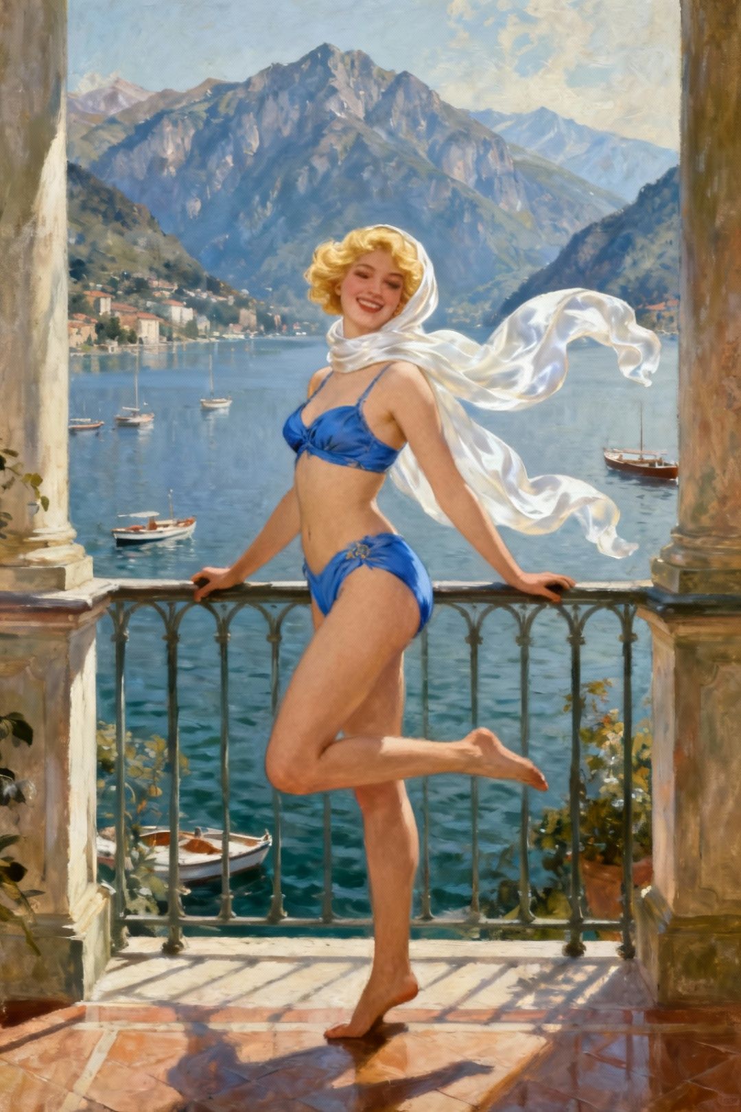 A detailed Renaissance-style illustration of a joyful blonde-haired woman standing on a balcony overlooking a scenic view of Lake Como, Italy. She is depicted in a full-body elegant blue swimwear with a flowing white silk headscarf. Her posture is dynamic, with one leg gracefully kicked up and the other planted on the floor, as she holds onto the balcony railing, exuding a sense of vibrant contentment with her life. The lake is dotted with boats, and majestic mountains form the backdrop. The artwork features an artistic style with a creative composition.