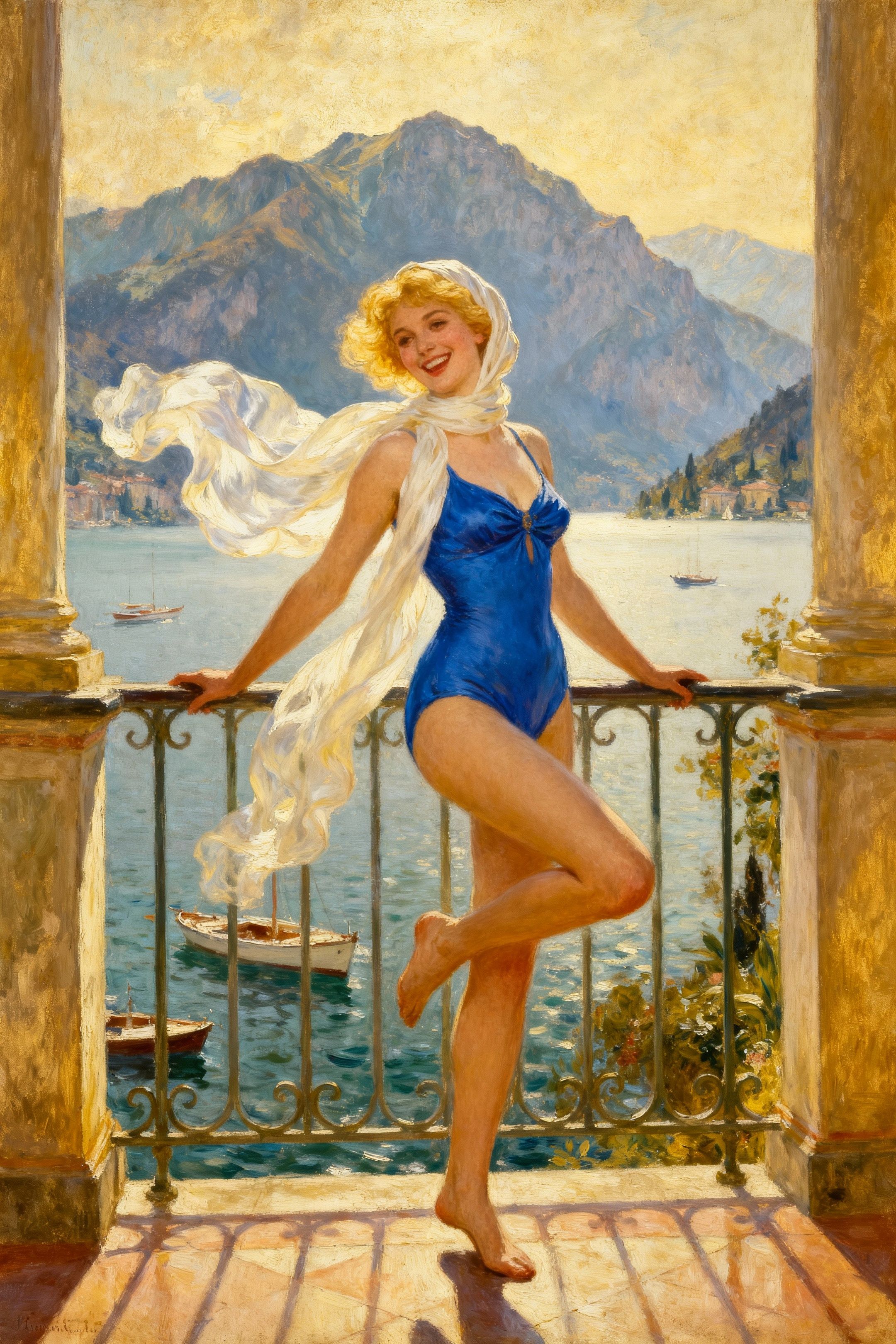 A detailed Renaissance-style illustration of a joyful blonde-haired woman standing on a balcony overlooking a scenic view of Lake Como, Italy. She is depicted in a full-body elegant blue swimwear with a flowing white silk headscarf. Her posture is dynamic, with one leg gracefully kicked up and the other planted on the floor, as she holds onto the balcony railing, exuding a sense of vibrant contentment with her life. The lake is dotted with boats, and majestic mountains form the backdrop. The artwork features an artistic style with a creative composition. vintage oil texture