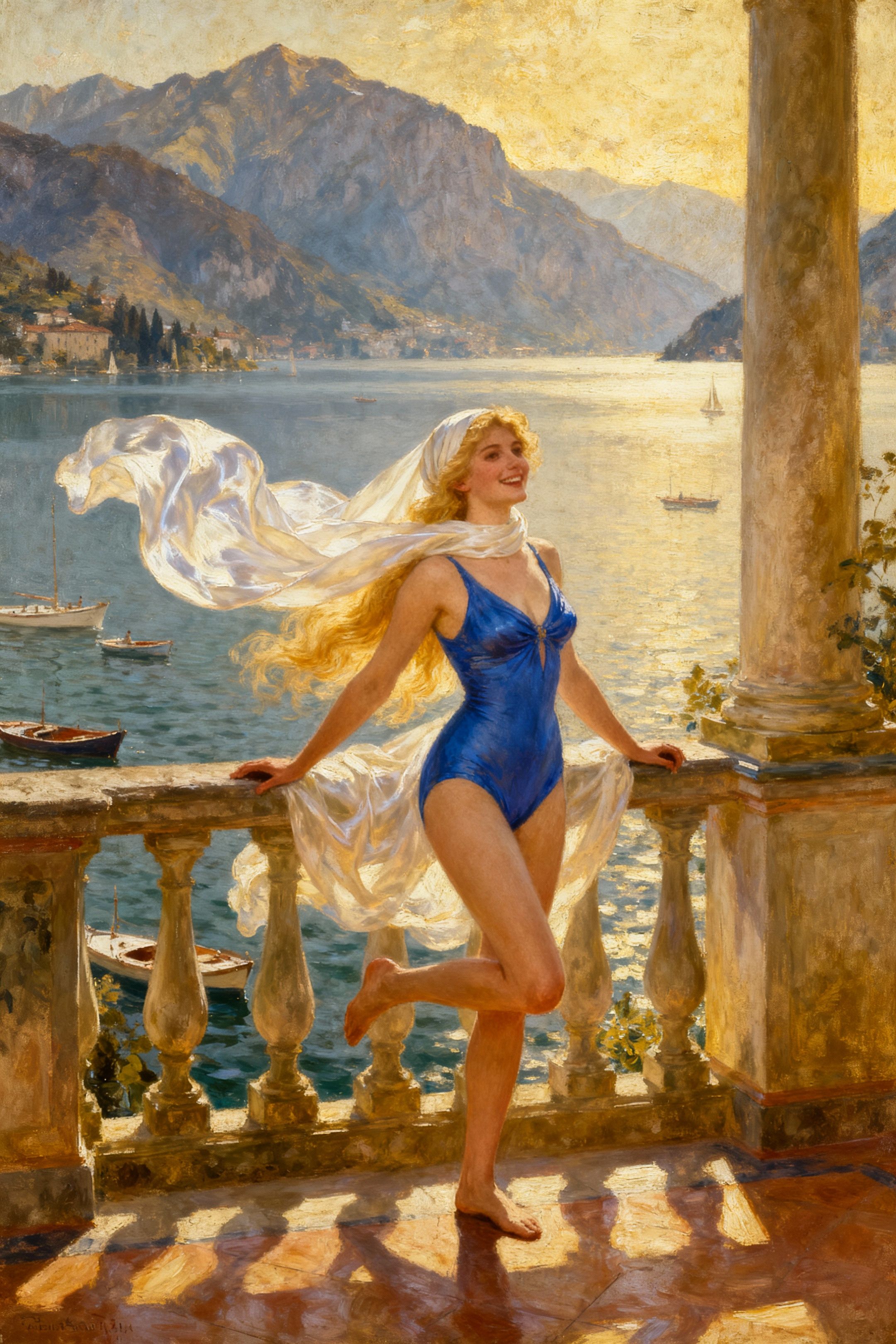A detailed Renaissance-style illustration of a joyful long blonde-haired woman standing on a balcony overlooking a scenic view of Lake Como, Italy. She is depicted in a full-body elegant blue swimwear with a flowing white silk headscarf. Her posture is dynamic, with one leg gracefully kicked up and the other planted on the floor, as she holds onto the balcony railing, exuding a sense of vibrant contentment with her life. The lake is dotted with boats, and majestic mountains form the backdrop. The artwork features an artistic style with a creative composition. vintage oil texture
