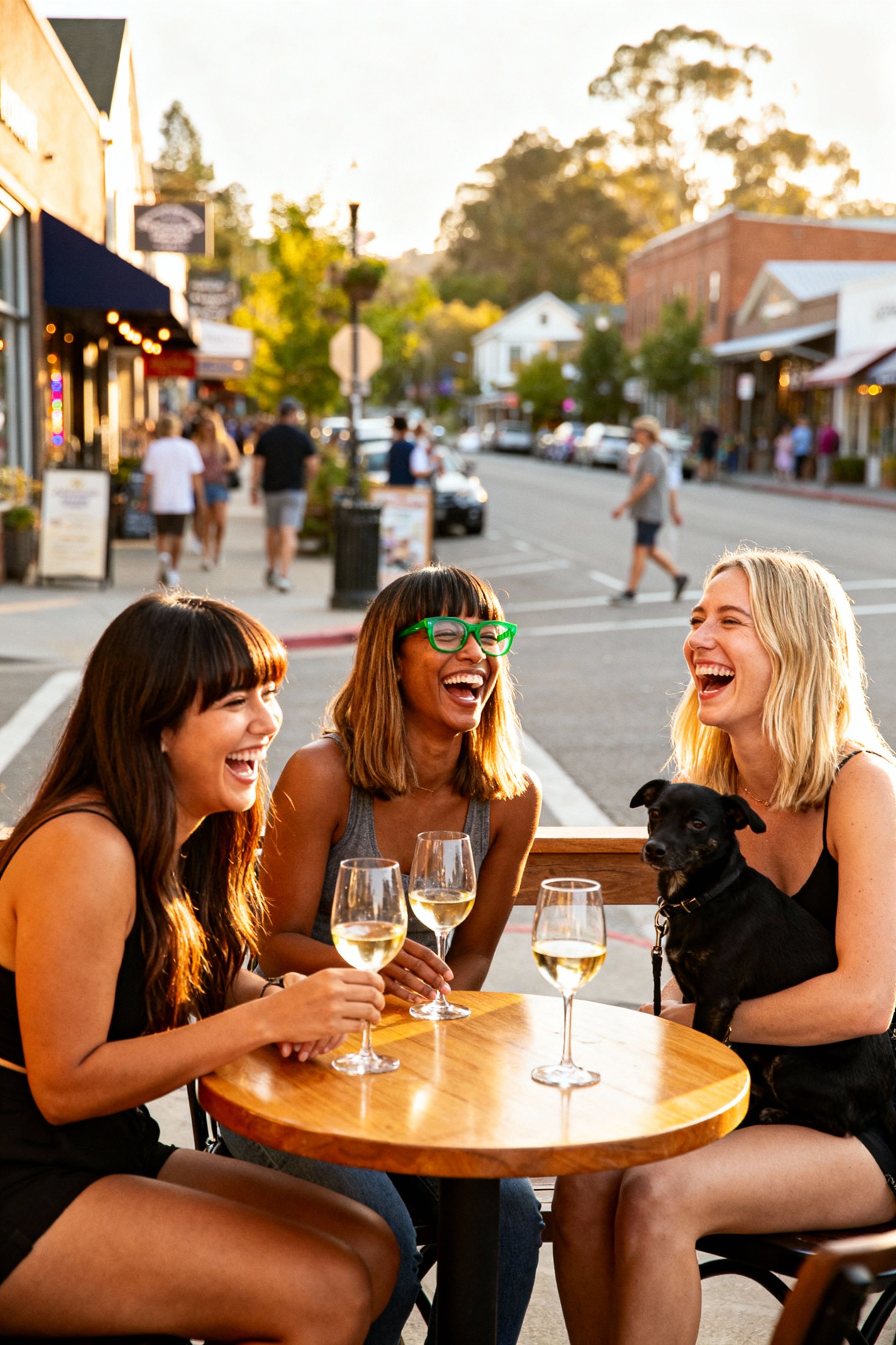 three woman sitting around a circle wooden cafe table with 3 glasses of white. 1 female figure is slim curvy, olive skin tone, long dark brown hair with bangs. The second woman is mid length light brown hair with bangs , light dark skin, green glasses.. The third woman is taller than the other two, fair skin, blond hair that comes chest length. They are all laughing. The environment is sunny and in the streets of a busy trendy suburb. Lets add a black short haired dog, sitting next to the third woman.