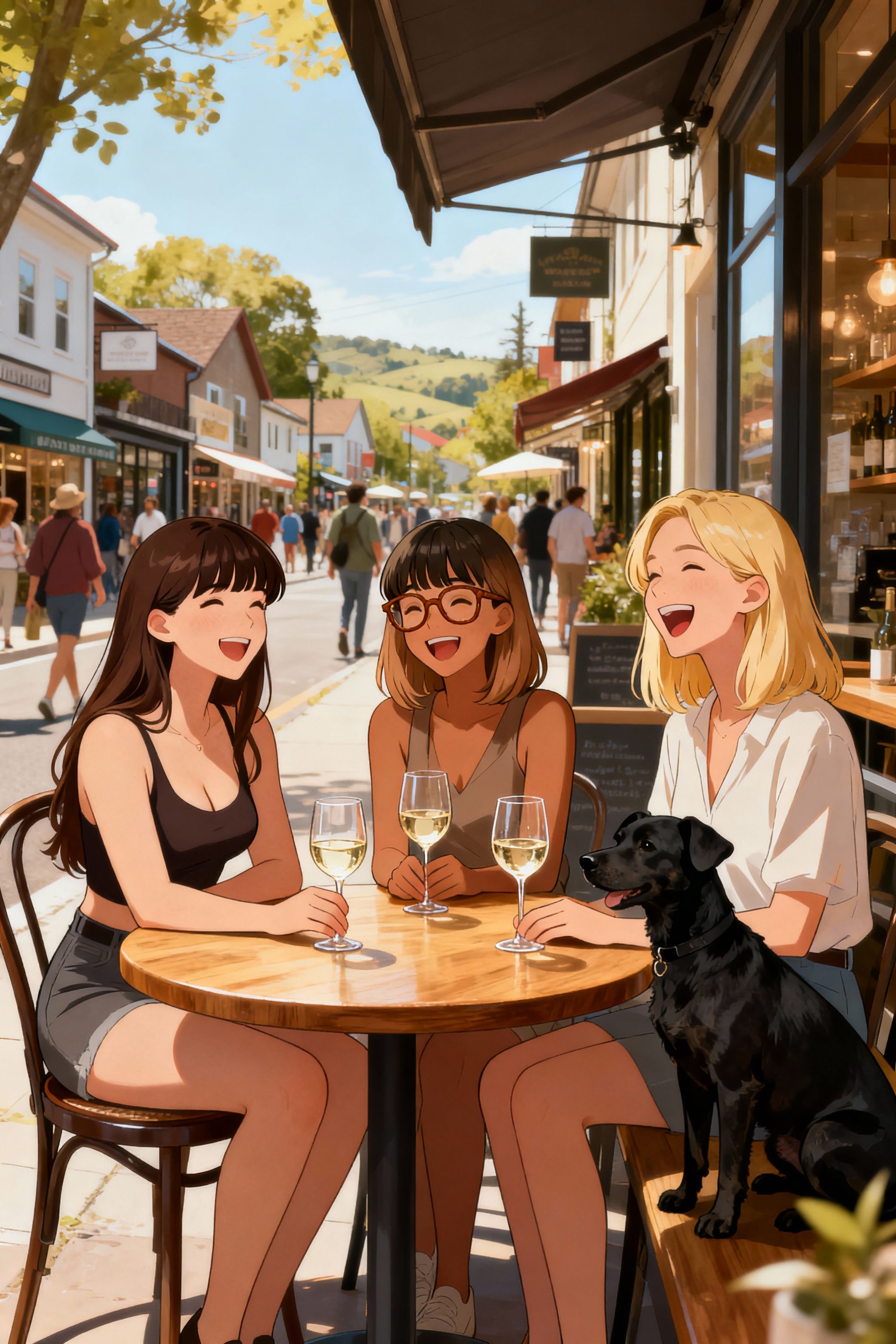 three woman sitting around a circle wooden cafe table with 3 glasses of white. 1 female figure is slim curvy, white skin tone, long dark brown hair with bangs. The second woman is mid length light brown hair with bangs , light dark skin, brown glasses.. The third woman is taller than the other two, fair skin, blond hair that comes chest length. They are all laughing. The environment is sunny and in the streets of a busy trendy suburb. Lets add a black short haired medium sized dog, sitting next to the third woman.
illustration style image