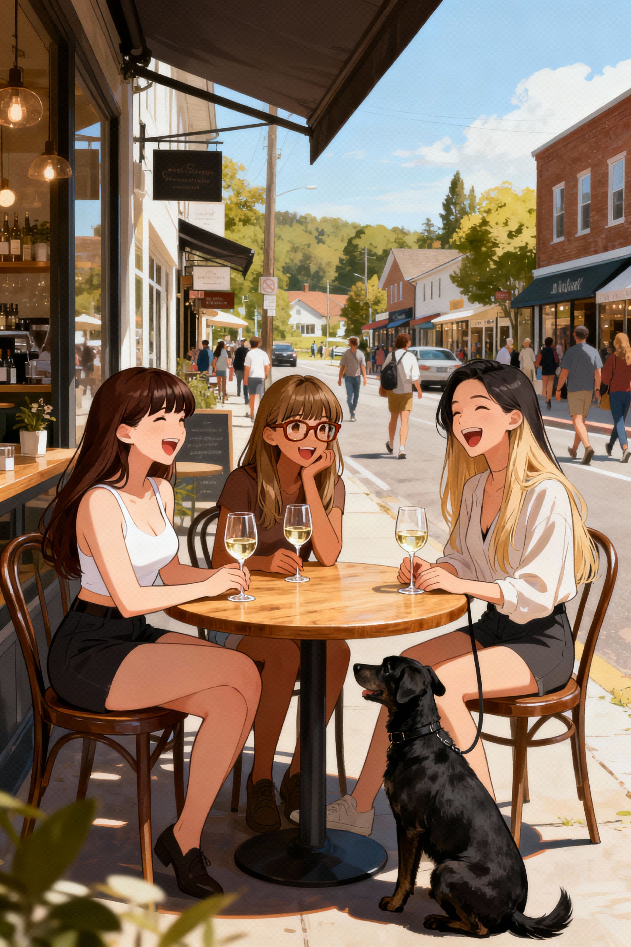 three woman sitting around a circle wooden cafe table with 3 glasses of white. 1 female figure is slim curvy, white skin tone, long dark brown hair with bangs. The second woman is long light brown hair with bangs , light dark skin, brown glasses.. The third woman is taller than the other two, fair skin, dark blond hair that is long. They are all laughing. The environment is sunny and in the streets of a busy trendy suburb. Lets add a black short haired medium sized dog, sitting next to the third woman.
illustration style image