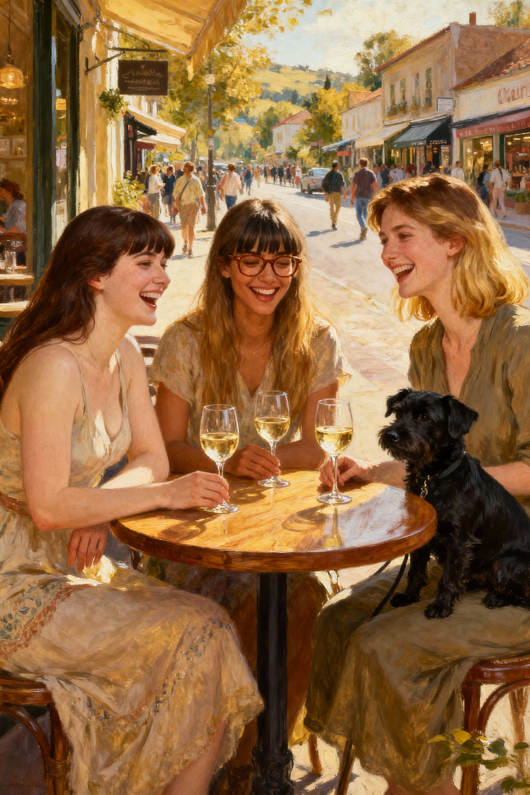 three woman sitting around a circle wooden cafe table with 3 glasses of white. 1 female figure is slim curvy, white skin tone, long dark brown hair with bangs. The second woman is long light brown hair with bangs , light dark skin, brown glasses.. The third woman is slightly taller than the other two, fair skin, brown and blond hair that is chest length. They are all laughing. The environment is sunny and in the streets of a busy trendy suburb. Lets add a black short haired medium sized dog, sitting next to the third woman.
renassiance style