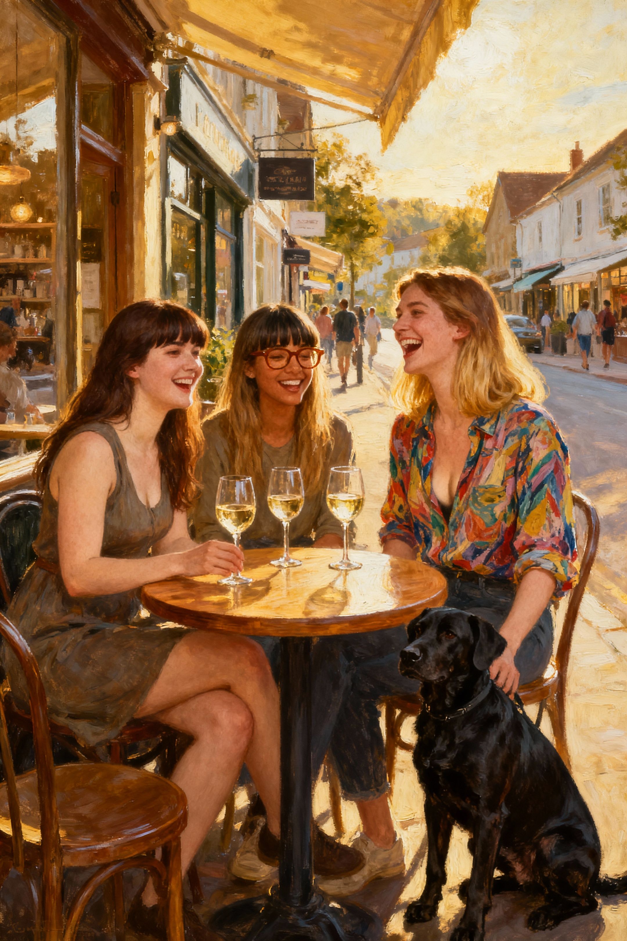 three woman sitting around a circle wooden cafe table with 3 glasses of white. 1 female figure is slim curvy, white skin tone, long dark brown hair with bangs. The second woman is long light brown hair with bangs , light dark skin, brown glasses.. The third woman is slightly taller than the other two, fair skin, brown and blond hair that is boob length. They are all laughing. The environment is sunny and in the streets of a busy trendy suburb. Lets add a black short haired  big sized dog, sitting next to the third woman.
renassiance style