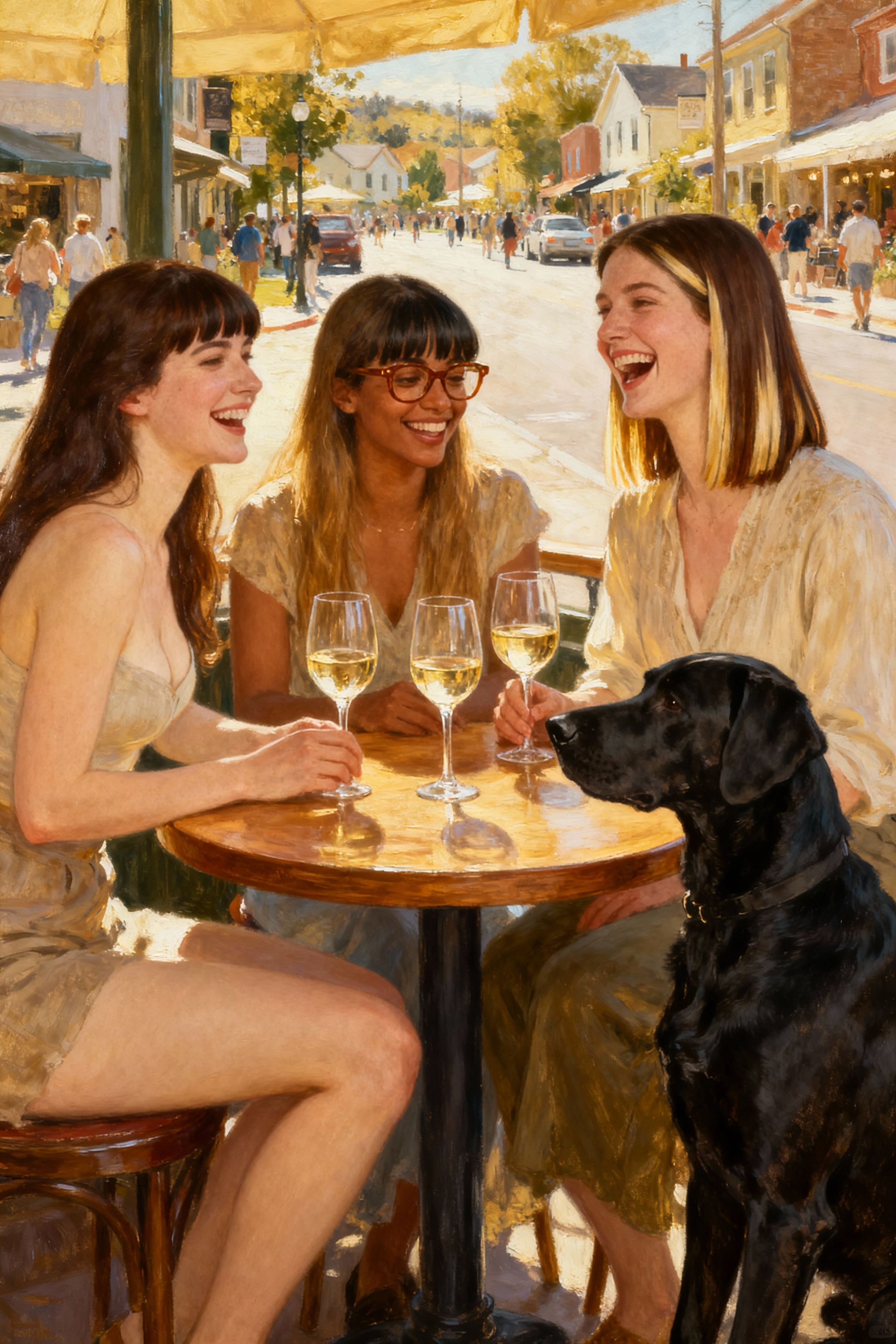 three woman sitting around a circle wooden cafe table with 3 glasses of white. 1 female figure is slim curvy, white skin tone, long dark brown hair with bangs. The second woman is long light brown hair with bangs , light dark skin, brown glasses.. The third woman is slightly taller than the other two, fair skin, brown and blond straight hair, that is passed shoulder length. They are all laughing. The environment is sunny and in the streets of a busy trendy suburb. Lets add a black short haired  big sized dog, sitting next to the third woman.
renassiance style