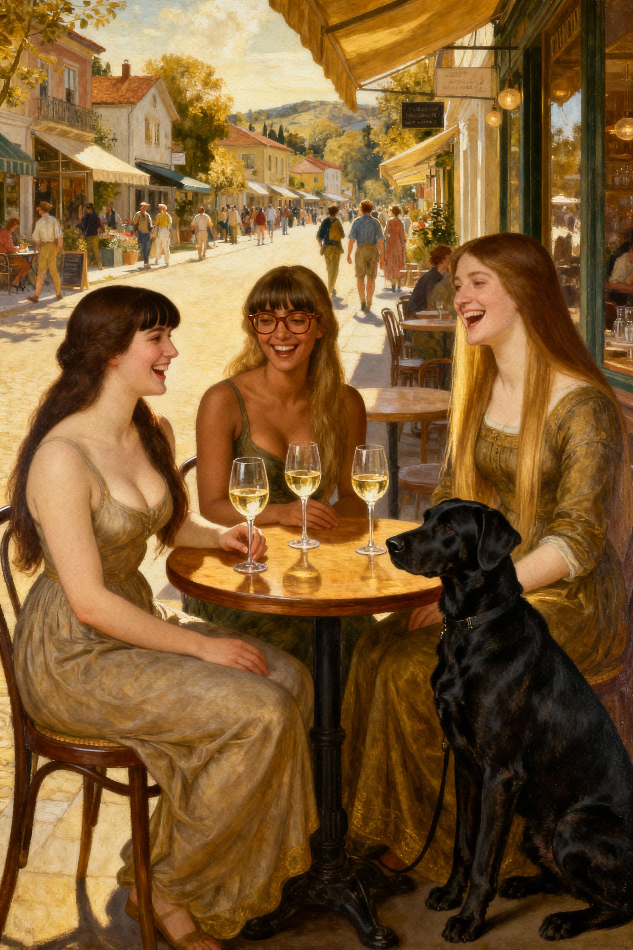 three woman sitting around a circle wooden cafe table with 3 glasses of white. 1 female figure is slim curvy, white skin tone, long dark brown hair with bangs. The second woman is slim curvy, long light brown hair with bangs , light dark skin, brown glasses.. The third woman is slightly taller than the other two, fair skin, brown and blond straight hair, that is longish. They are all laughing. The environment is sunny and in the streets of a busy trendy suburb. Lets add a black short haired  big sized dog, sitting next to the third woman.
renassiance style