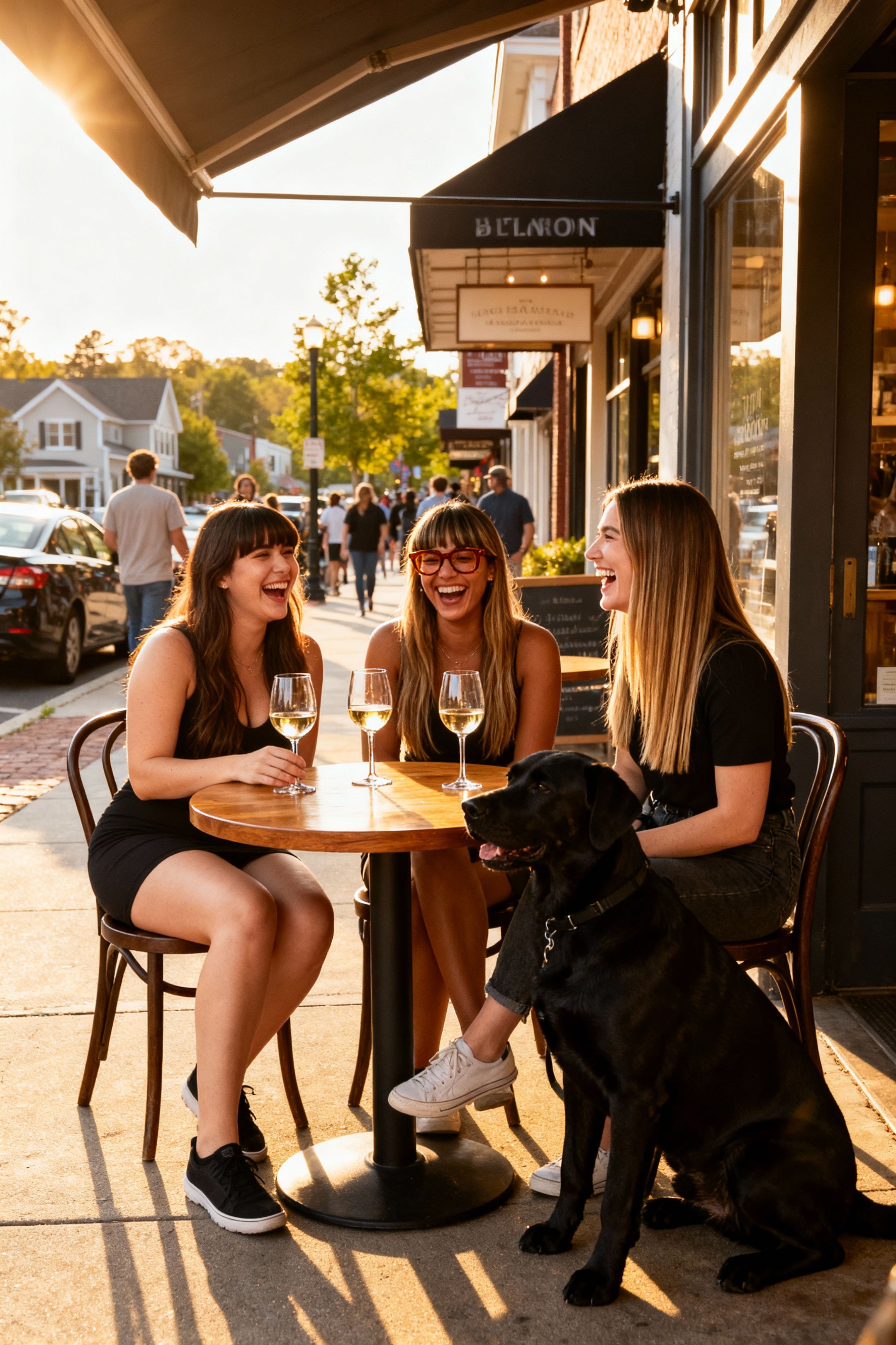 three woman sitting around a circle wooden cafe table with 3 glasses of white. 1 female figure is slim curvy, white skin tone, long dark brown hair with bangs. The second woman is slim curvy, long light brown hair with bangs , light dark skin, brown glasses.. The third woman is slightly taller than the other two, fair skin, brown and blond straight hair, that is longish. They are all laughing. The environment is sunny and in the streets of a busy trendy suburb. Lets add a black short haired  big sized dog, sitting next to the third woman.