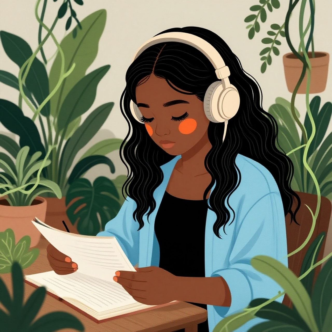 A detailed, artistic illustration in a creative composition, depicting a dark-skinned girl with long, wavy black hair and thick eyelashes. She wears beige headphones and an orange blush, looking down intently at her paperwork as if writing a book. She is surrounded by lush plants in a cozy, quiet setting, emphasizing a serene atmosphere between her and the flora. Her attire consists of a black singlet with a light blue, open, flowing indigo shirt. ethereal tangle of vines ethereal tangle of vines