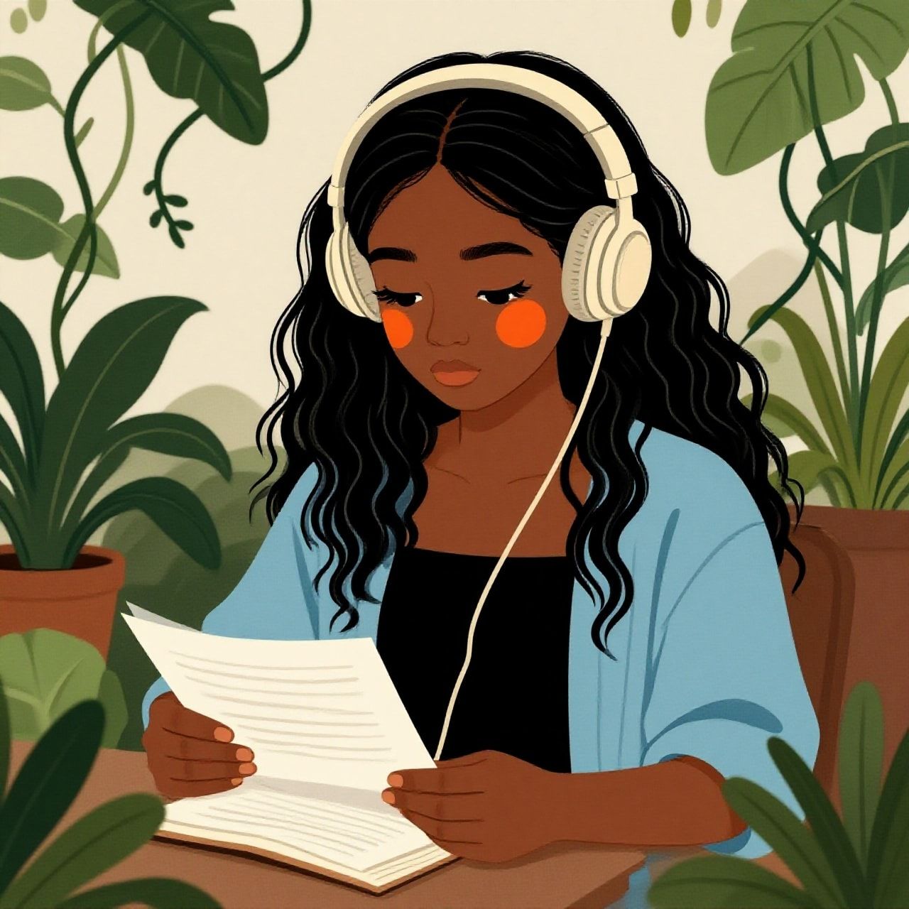 A detailed, artistic illustration, depicting a dark-skinned girl with long, wavy black hair and thick eyelashes. She wears beige headphones and an orange blush, looking down intently at her paperwork as if writing a book. She is surrounded by lush plants in a cozy, quiet setting, emphasizing a serene atmosphere between her and the flora. Her attire consists of a black singlet with a light blue, open, flowing indigo shirt. ethereal tangle of vines ethereal tangle of vines