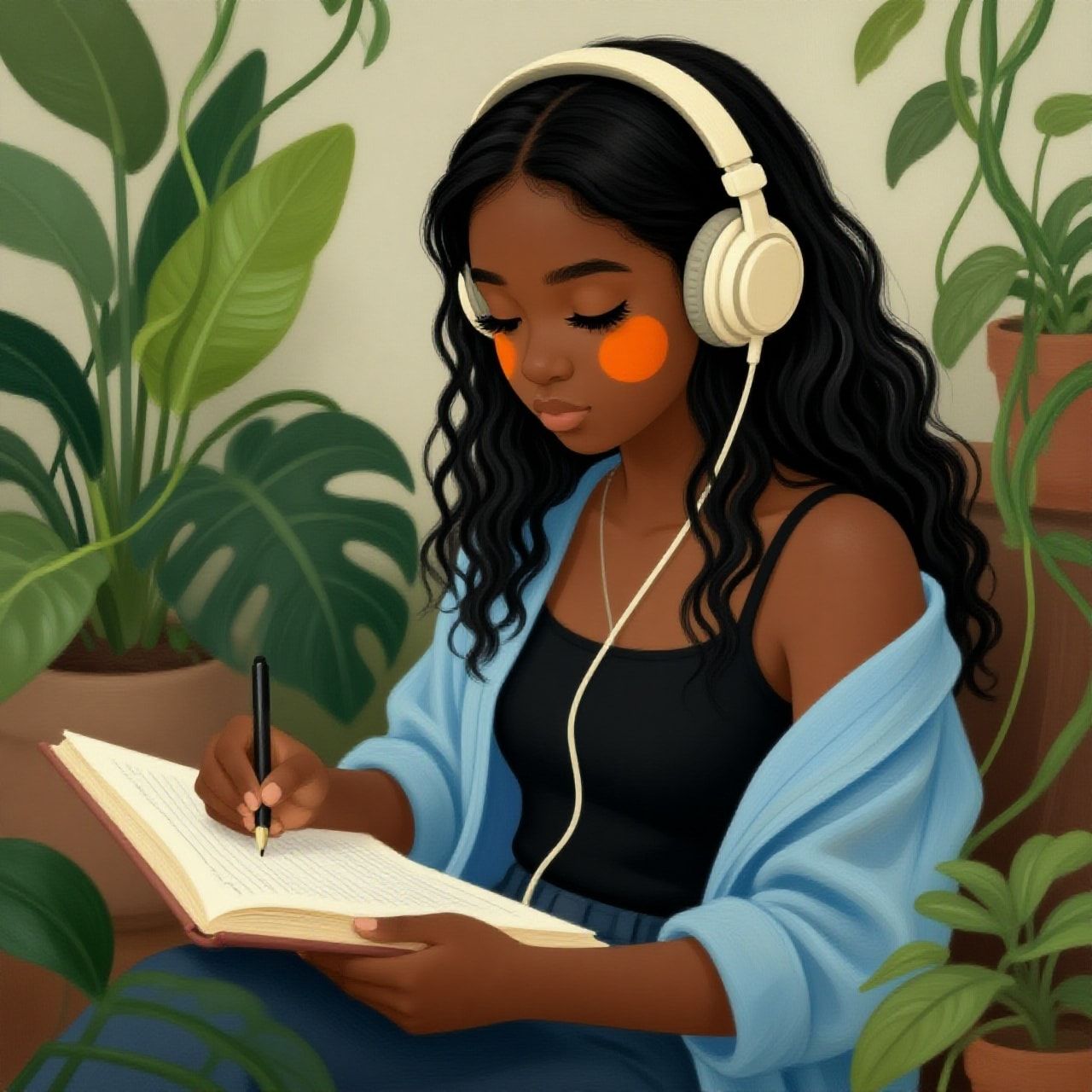 oil illustration depicting a dark-skinned girl with long, wavy black hair and thick eyelashes. She wears beige headphones and an orange blush, looking down intently at her paperwork as if writing a book. She is surrounded by lush plants in a cozy, quiet setting, emphasizing a serene atmosphere between her and the flora. Her attire consists of a black singlet with a light blue, open, flowing indigo shirt. ethereal tangle of vines ethereal tangle of vines